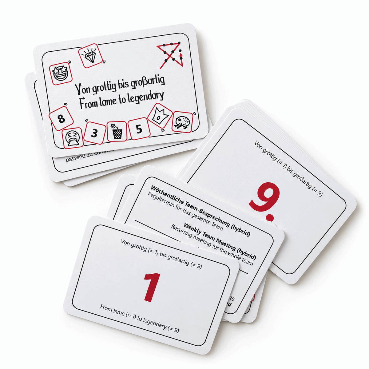 Spielkarten aus dem Spiel Von grottig bis großartig